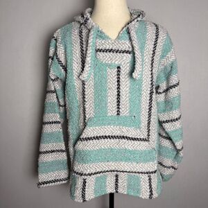 Earth Ragz Mexican Baja Hoodie Pullover Gray Teal Striped Sz Large Unisex 2/$25